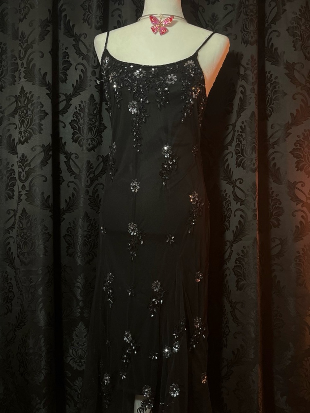 100% Silk Black Strapless Beaded Evening Gown